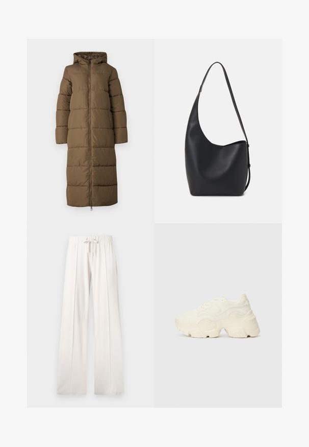 Ilgas alyvuogių žalia pūkinis paltas su kapišonu, pasižymintis užtrauktuku, horizontaliais siuvinėjimais ir šoninėmis kišenėmis. Lygi tekstūra ir laisvas siluetas.; Trumpa balta medvilnės marškinėliai su trumpomis rankovėmis, apvaliu kaklu ir tiesiu hemu, pasižyminti lygiu tekstūriu ir minimaliu dizainu.; Šviesiai smėlio spalvos sportinės kelnės, pagamintos iš minkštos medžiagos, su raišteliu juosmenyje, plačiomis ilgomis kojomis ir vertikaliomis siūlėmis, turinčios lygų paviršių.; Masyvios baltos sportbačiai, pagaminti iš tekstūruoto tinklelio ir sintetinių medžiagų, pasižymintys storu padu ir išsamiu raštų detalizavimu šonuose.; Juodas odinis hobo maišas su lygiu paviršiumi, kreipta forma ir viena reguliuojama rankena; turi platų atidarymą viršuje.