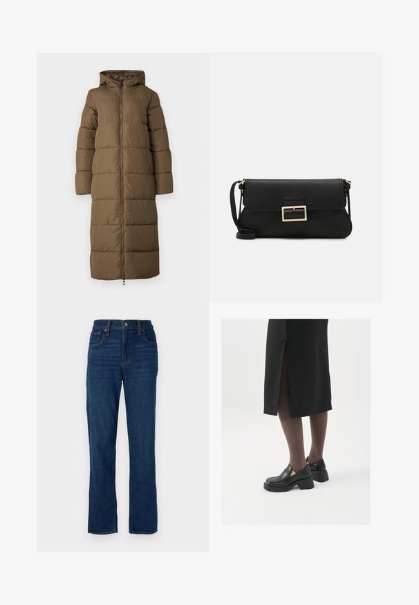 Lang olivengrønn dunjakke med hette, med glidelås, horisontale sømmer og sidelommer. Glatt tekstur og avslappet passform.; Hvit ermeløs tanktop laget av ribbet stoff, med rund hals og en tettsittende silhuett, med minimale sømmer og ingen dekorasjoner.; Mørkeblå denim jeans med rett ben, fem lommer, oransje sømmer og knappelukking i midjen.; Sorte lærersko med rund tå, tykk blokkheel og elastiske sideaksenter, sammen med mørke strømpebukser og et svart skjørt med splitt.; Svart lær clutch-veske med klaff og detalj i gullmetall. Inkluderer en svart stropp og et strømlinjeformet, minimalistisk design.