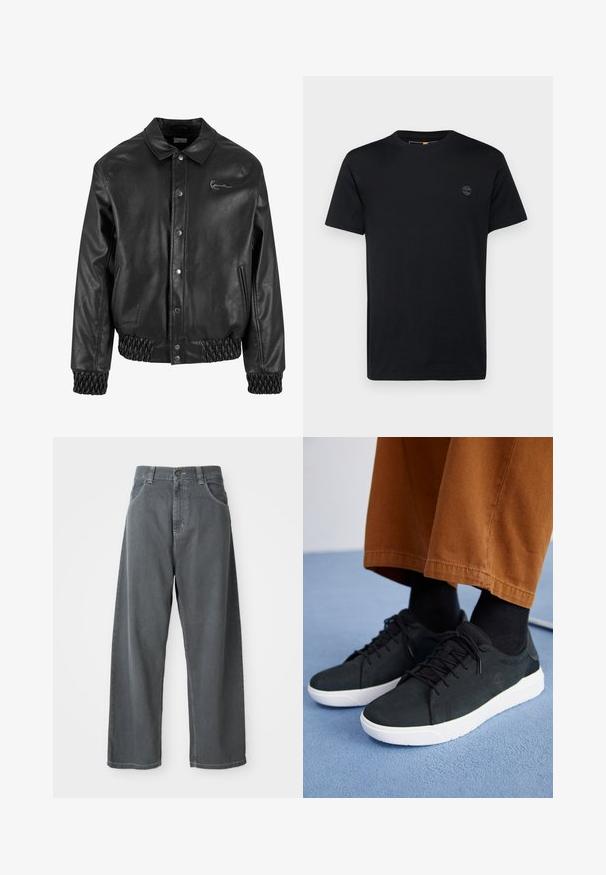 Juodas odinis švarkas su apykakle, užsegimu snap mygtukais, šoninėmis kišenėmis ir elastinėmis ribotomis rankogaliais bei apačia. Yra subtilus logotipas.; Juodas medvilninis marškinėliai su apvalia iškirpte, trumpomis rankovėmis ir mažai, siuvinėta logotipu krūtinėje. Lygus paviršius, klasikinis siluetas.; Pilkos džinsinio audinio plačios kojos kelnės su aukštu liemeniu, su priekinėmis kišenėmis, juostos kilpomis ir sagtele liemens srityje.; Juodi zomšiniai sneakeriai su baltais guminiais padais, su raištelių uždėjimo dizainu, tekstūruotais akcentais ir subtiliu prekių ženklu, derinami su rudomis kelnėmis.