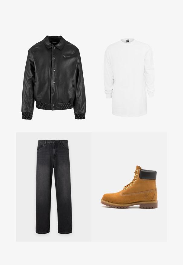 Czarna skórzana kurtka z kołnierzykiem, zatrzaskami, bocznymi kieszeniami oraz elastycznymi ściągaczami u dołu i na mankietach. Zawiera subtelne logo.; Biała bawełniana koszulka z długim rękawem, okrągłym dekoltem, luźnym krojem i ściągaczami przy rękawach. Gładki design, bez grafik ani wzorów.; Ciemnoszare dżinsy o prostym kroju, z zapinaniem na zamek błyskawiczny, pięcioma kieszeniami oraz subtelnymi efektami przetarcia na materiale.; Beżowe zamszowe botki sięgające kostki z czarną wyściełaną krawędzią, złotymi oczkami, białymi detalami szycia oraz wytrzymałą gumową podeszwą z wyraźnym bieżnikiem.