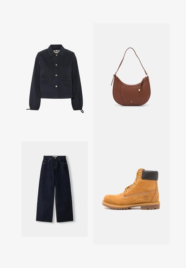 Granatowa bawełniana kurtka z kołnierzykiem, zapięciem na guziki z przodu i elastycznymi rękawami. Posiada dwie kieszenie z przodu i krótki fason.; Długi rękaw kremowa bluzka z dekoltem w serek, z delikatnym koronkowym wykończeniem przy dekolcie oraz koronkowymi akcentami na mankietach. Miękka faktura materiału.; Granatowe dżinsy z szerokimi nogawkami i wysokim stanem, pięć kieszeni, kontrastowe szwy i srebrne metalowe akcesoria. Gładka tekstura i czyste wykończenie.; Brązowy skórzany botek za kostkę z czarnym wykończeniem, złotymi oczkami i teksturowaną podeszwą. Posiada okrągłe logo z boku oraz akcenty w postaci przeszyć.; Brązowa torebka na ramię z eko-skóry o zaokrąglonym kształcie, z minimalnym przeszyciem i złotym akcentem na okuciach. Posiada zamek błyskawiczny u góry oraz regulowany pasek.