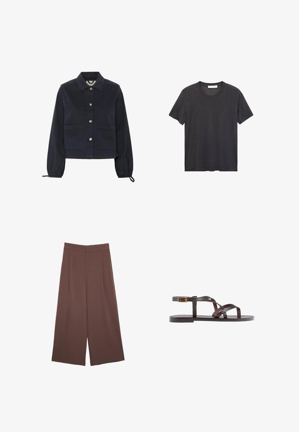 Mörkblå bomullsjacka med krage, knäppning fram och elastiska ärmar. Har två framtill fickor och en kortare design.; Svart t-shirt med rund halsringning tillverkad av mjuk bomull. Korta ärmar, avslappnad passform och rak fåll utan utsmyckningar eller mönster.; Bruna vida byxor med en slät textur, som har hög midja och framfickor. Tyget är lätt och flödar löst.; Bruna lädersandaler med korsade remmar, spänne runt vristen och en platt sula med minimala sömnadsdetaljer.