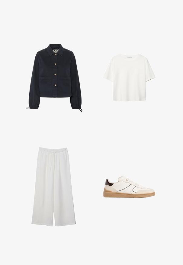 Temno modra bombažna jakna s ovratnikom, sprednjim zapiranjem na gumb in elastičnimi rokavi. Ima dve sprednji žepi in skrajšan kroj.; Bela kratka majica s kratkimi rokavi iz bombaža. Ima okroglo izrezovanje in sproščen kroj. Gladka tekstura brez vidnih vzorcev ali poudarkov.; Bele široke hlače iz lahkega materiala, ki imajo elastičen pas in vrvico za prilagajanje. Gladka tekstura.; Stradivarius Športni copati - white