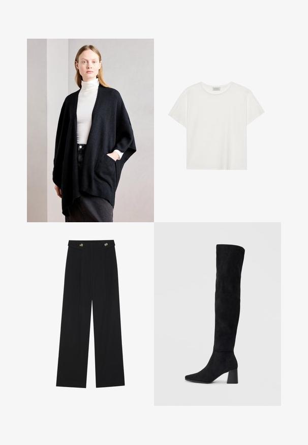 Anna Field Cape - black; Hvit T-skjorte med kort erm laget av myk bomull. Har rund hals og avslappet passform. Rent design uten synlige mønstre eller aksenter.; Svart vide bukser med høy midje, knappdetaljer på midjebåndet og frontplisser.; Sorte semskede knelang støvel med blokk-heelsk, spiss tå og glatt, sømløst design på en ensfarget lys bakgrunn.