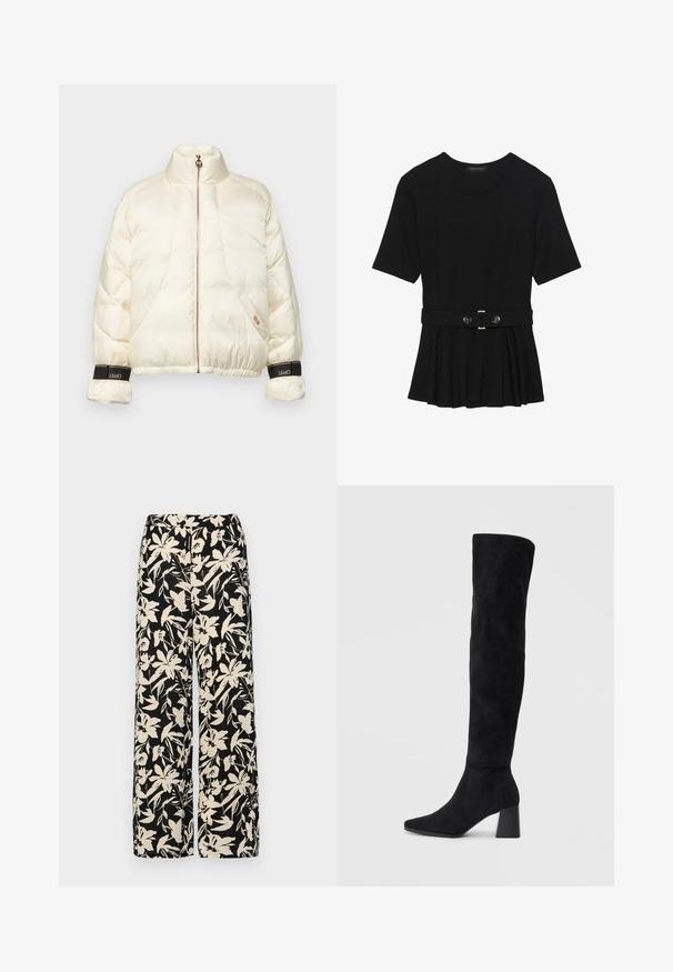 Giacca puffer color crema con colletto alto e zip in oro rosa. Presenta polsini elastici con accenti neri del marchio e una vestibilità cropped.; Top corto nero a maniche corte realizzato in materiale liscio, con design peplum e vita cintata adornata da due bottoni tondi in tono argento.; Pantaloni larghi neri con un motivo floreale crema. Realizzati in tessuto leggero, con una texture liscia e una vita alta.; Stivale in suede nero alto fino al ginocchio con tacco a blocco, punta affusolata e design liscio e senza cuciture su uno sfondo chiaro e semplice.