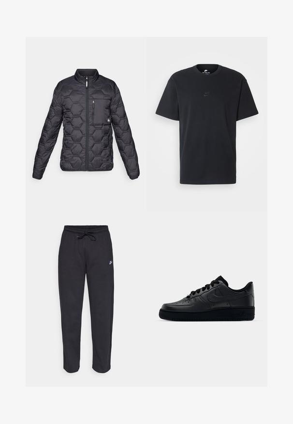 Čierna prešívaná bunda s hexagonálnym vzorom, stojáčik, predný zip, a zipsová náprsní vrecko s logom značky.; Čierne bavlnené tričko Nike s klasickým okrúhlym výstrihom, krátkymi rukávmi a jemne embosovaným logom na hrudi. Hladká textúra.; Čierne tepláky vyrobené z mäkkej tkaniny s elastickým pásom, sťahovacou šnúrkou a malým logom Nike na ľavom stehne.; Čierne tenisky Nike Air Force 1 s hladkým koženým zvrškom, perforovanou špičkou pre priedušnosť, čiernymi šnúrkami a textúrovanou gumovou podrážkou.