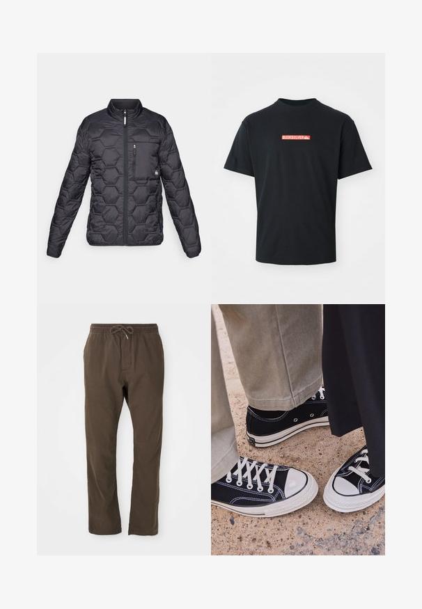 Μαύρο επενδυμένο μπουφάν με σχέδιο ραφής εξάγωνου, όρθιο γιακά, μπροστινό φερμουάρ και τσέπη στο στήθος με φερμουάρ και λογότυπο της μάρκας.; Μαύρη κοντομάνικη μπλούζα με μικρό κόκκινο και λευκό λογότυπο Quiksilver κεντραρισμένο στο στήθος, απεικονιζόμενη πάνω σε λευκό φόντο.; Καφέ casual παντελόνι με ελαστική μέση και κορδόνι, ίσια γραμμή, κατάλληλο για καθημερινή χρήση.; Μαύρα καμβά sneakers με λευκές καπάκια από καουτσούκ και κορδόνια. Οι αντίθετες ραφές και τα μεταλλικά μάτινα προσθέτουν λεπτομέρεια. Φορεμένα με μπεζ παντελόνια και μαύρο ύφασμα.