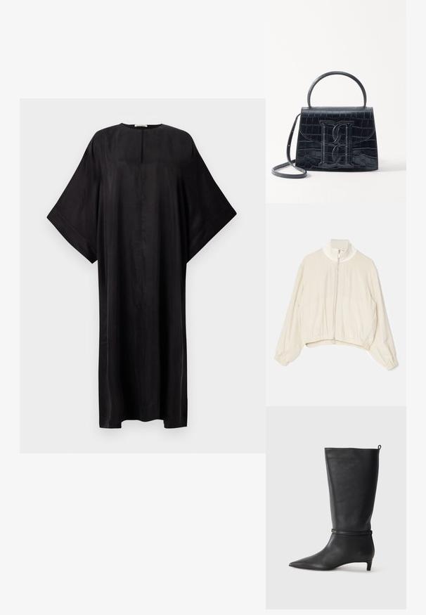 Lys beige cropped jakke med høj krave, fuld lynlås foran, elastiske manchetter og rynket kant; glat, blødt stof med minimal detaljer.; Sort maxikjole med løs pasform, brede ærmer, rund halsudskæring og en lille forsplit. Fremstillet af glat, let stof.; Sorte læder knæhøje støvler med spidse tæer, fremhævet af et rundt bånd omkring anklen og en lav, tapered hæl. Glat tekstur.; Sort krokodillede læderhandbag med en struktureret design, top-håndtag, justerbar rem og et fremtrædende frontlogo.