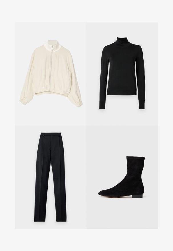Svetle béžová zkrácená bunda s vysokým límcem, plným předním zipem, elastickými manžetami a nařaseným spodním okrajem; hladká, měkká tkanina s minimem detailů.; Černý dlouhý rukáv rolák se žebrovanými manžetami a lemem, vystavený na čistě bílém pozadí.; Černé kalhoty vyrobené z hladké tkaniny, vybavené vysokým pasem, širokými nohavicemi, předními záhyby a klasickými poutky na opasek. Nejsou viditelné boční kapsy.; Černá nubuková kotníková bota s úzkým svrškem, špičatou špičkou a nízkým blokovým podpatkem. Hladká textura a minimalistický design, vhodné pro všestranné styling.