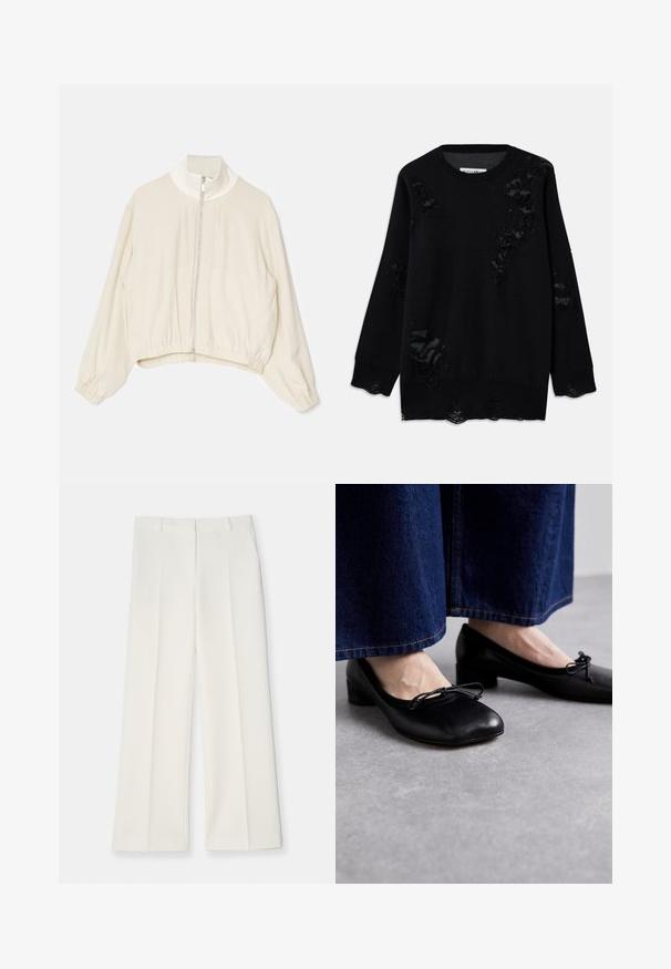 Light beige cropped jacket with a high collar, full front zipper, elastic cuffs, and gathered hem; smooth, soft fabric with minimal detailing.; Black sweater made of soft fabric featuring multiple distressed areas, with a rounded neckline and long sleeves. Textured finish near the hems.; Wide-leg pants in light cream fabric, featuring a smooth texture, front pleats, and two side pockets. Tailored waistband design.; Black leather shoes with a square toe and small heel, featuring a decorative bow on the front. Worn with dark denim trousers.