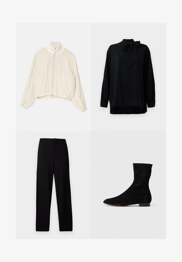Jasno beżowa krótka kurtka z wysokim kołnierzem, pełnym zamkiem z przodu, elastycznymi mankietami i marszczonym dołem; gładki, miękki materiał z minimalnymi detalami.; Czarna bluzka z wysokim kołnierzem i detalem w postaci kokardy. Długie rękawy z manszetami. Wykonana z gładkiego materiału o luźnym kroju.; Czarne spodnie o szerokich nogawkach, wykonane z miękkiego, elastycznego materiału. Posiadają gładki pas i brak widocznych szwów oraz kieszeni. Prosty i uniwersalny design.; Czarne zamszowe botki za kostkę z dopasowaną cholewką, spiczastym noskiem i niskim blokowym obcasem. Gładka faktura i minimalistyczny design, odpowiednie do wszechstronnych stylizacji.