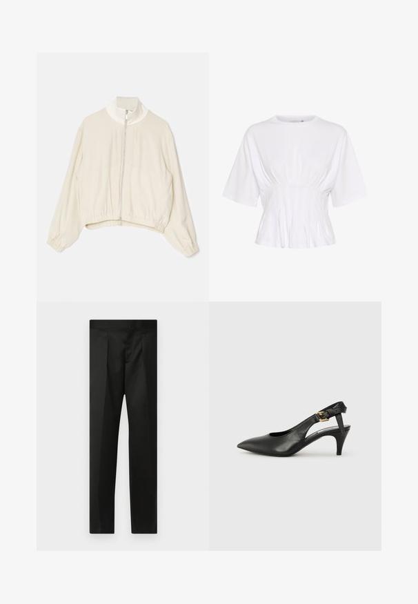 Veste courte beige clair avec un col montant, fermeture éclair sur toute la longueur, poignets élastiques et ourlet froncé ; tissu lisse et doux avec un minimum de détails.; Haut blanc à manches courtes en tissu doux, avec un col rond et un détail froncé à la taille pour un look ajusté.; Pantalon noir en tissu lisse, au design ajusté, jambes droites et ceinture plate sans fermetures ni poches visibles.; Chaussure à talon slingback en cuir noir avec un bout pointu, un petit talon et un détail de boucle sur la bride de cheville. Texture lisse, design minimaliste.