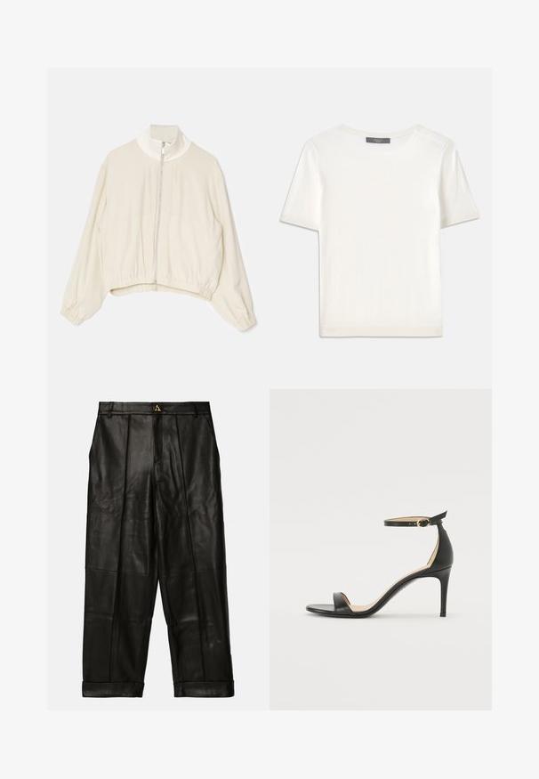 Giacca croppata di un beige chiaro con colletto alto, zip frontale completa, polsini elastici e orlo arricciato; tessuto liscio e morbido con dettagli minimi.; Top corto a maniche corte di colore bianco, in maglia, con scollatura rotonda. Presenta una texture liscia e accenti a coste sottili sulle maniche e sull'orlo.; AERON ZIMA PANTS - Pantaloni di pelle - black; Sandal in pelle nera con tacco alto e cinturino alla caviglia. Caratteristiche: texture liscia, punta aperta e tacco sottile. Dettaglio con fibbia tono oro.