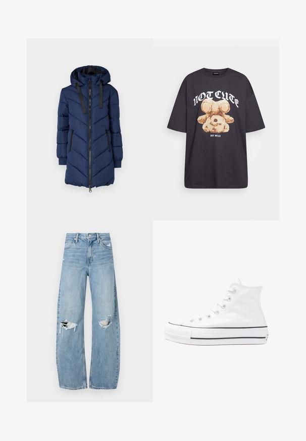 Jūras spēku pūkains mētelis ar ševronu dizainu, priekšējo rāvējslēdzi, divām sānu kabatām un kapuci ar saites vadu. Iezīmēts ar pildījuma tekstūru un elastīgām mansardām.; Melna, pārmērīga t-kreklu, kurā attēlots lācis ar uzrakstu "NAV MIERĪGS, BET VILKIS" treknos baltos burtiem. Izgatavots no kokvilnas materiāla.; Gaiši zili, augstās vidukļa džinsi, kas izgatavoti no denima. Iespējas plašas kājas, divas plēstas ceļa daļas un klasiskā piecu kabatu dizains.; Balti augstie kanvas sporta apavi ar melnu gumijas zoli, priekšējo gumijas purngalu un sešām acīm lencēm, kuriem ir tīrs, minimālistisks dizains.