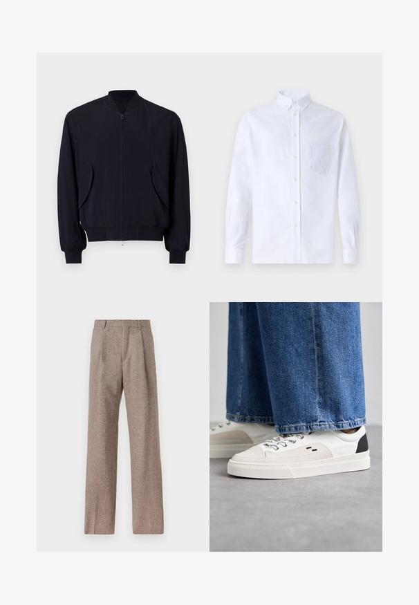 Námořnická bombardovací bunda se zipem vpředu, žebrovanými manžetami a lemem, obsahující šikmé boční kapsy a hladkou, lehkou tkaninu.; Bílá dlouhá košile s knoflíky vyrobená z bavlny, která má náprsní kapsu s tónovanou výšivkou, límec a knoflíkové manžety.; Hnědé kalhoty s vysokým pasem vyrobené z texturované látky. Mají široké nohavice a dva přední sklady pro strukturu. Úhledné provedení bez viditelné kovových částí.; Bílé a černé tenisky s hladkým koženým svrškem, texturovanými akcenty a robustní bílou podešví. Mají klasický design se šněrováním.