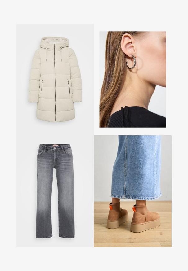 Veste rembourrée beige avec capuche, design matelassé et fermeture éclair à l'avant. Elle possède deux poches latérales et une texture côtelée sur toute sa surface.; Even&Odd Petite 2 PACK - Débardeur - light grey/black; Jean en denim gris avec un design à jambe droite, style cinq poches, décoloration subtile et fermeture à bouton à la taille.; Bottes en suède brun à plateforme avec des panneaux latéraux élastiques et des languettes orange, associées à une jupe en denim clair arrivant au genou sur un sol en bois.; Boucle d'oreille en argent avec une finition polie, présentant de petits détails en or et de forme ronde, portée sur le lobe.