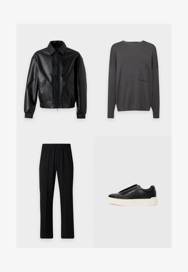 Black leather jacket with a collared neckline, zip closure, elasticated cuffs, and side pockets. Smooth texture with subtle sheen.; Charcoal gray long-sleeve knit sweater with a crew neck and a single chest pocket. Soft texture with a relaxed fit and ribbed cuffs.; Black, elastic-waist trousers with a straight-leg design, featuring a smooth texture and no visible patterns or hardware.; Black slip-on sneaker with textured leather upper, white rubber sole, and no visible laces. Features brand logo on the side.