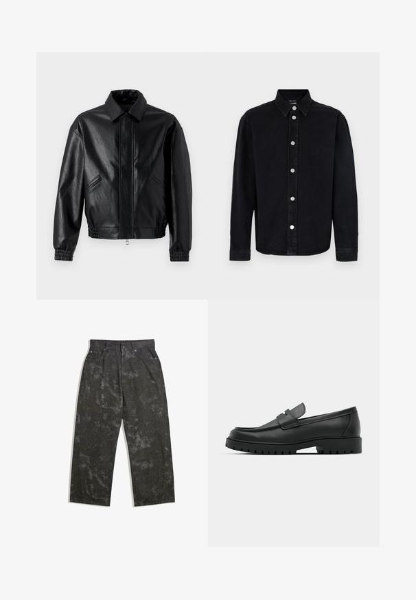 Jachetă din piele neagră cu guler, închidere cu fermoar, manșete elastice și buzunare laterale. Textură netedă cu o strălucire subtilă.; Cămașă din denim negru cu mâneci lungi, guler cu nasturi și accesorii din metal argintiu. Presentă o croială dreaptă și o textură simplă.; Pantaloni din denim gri închis, cu o croială lejeră, având modele marmorate subtile și accente din metal. Design cu cinci buzunare.; Mocasini din piele neagră cu vârful rotunjit, având un design cusut, talpă joasă și o talpă din cauciuc texturat, cu crampoane.