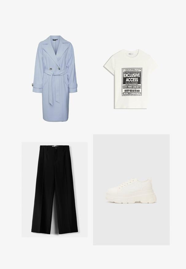 Jasnoniebieski wełniany płaszcz z podwójnym zapięciem, szerokim kołnierzem i paskiem do zawiązania. Posiada dużą guzik i zawinięte mankiety.; Biała koszulka z czarnym napisem promującym wydarzenie muzyczne, z hasłami "Ekskluzywny Dostęp", "Koncesje Rock Indie" i "Superstar Music Experience."; Czarne spodnie szerokie, wykonane z lekkiego materiału, z zapięciem na guzik z przodu i gładkim przodem, z starannie wykończonymi brzegami.; Białe płócienne trampki z grubą podeszwą, okrągłym noskiem i pięcioma oczkami na sznurowadła. Tylny uchwyt ułatwiający zakładanie. Gładka faktura, minimalistyczny design.
