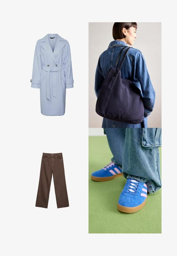 Jasnoniebieski wełniany płaszcz z podwójnym zapięciem, szerokim kołnierzem i paskiem do zawiązania. Posiada dużą guzik i zawinięte mankiety.; Jasnoróżowa koszulka z krótkim rękawem, wykonana z gładkiej bawełny. Posiada okrągły dekolt oraz luźny krój z prostym wykończeniem dołu.; Szerokie brązowe dżinsy wykonane z denimu, z wysokim stanem, przednimi kieszeniami i klasycznym zapięciem na guzik. Gładka faktura z subtelnym przeszyciem.; Niebieskie zamszowe buty z różowymi paskami i białymi sznurowadłami, z gumową podeszwą, zestawione z luźnymi dżinsami na zielonej powierzchni.; Granatowa torba na ramię z płótna o miękkim, strukturalnym kształcie, z czarnym paskiem, przeszyciami i małą metką marki.