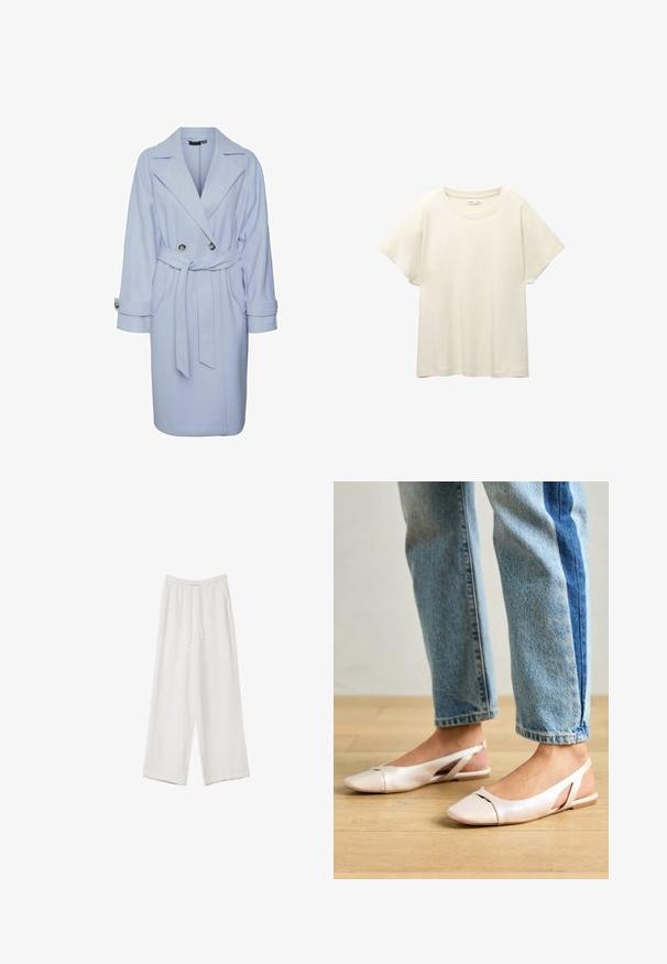 Světle modrý vlněný kabát s dvojitým zapínáním, širokým límcem a páskem. Obsahuje velké knoflíky a ohrnuté manžety.; Svetle béžové tričko s krátkým rukávem a kulatým výstřihem, vyrobené z jemné, hladké tkaniny. Má uvolněný střih a rovný lem.; Bílé široké kalhoty vyrobené z lehké tkaniny. Mají elastický pas se šňůrkou a boční kapsy. Hladká textura.; Světle růžové slingback baleríny s špičatou špičkou, vyrobené z hladkého koženému materiálu. Obsahují vystřihovací detaily po stranách a plochý podpatek.