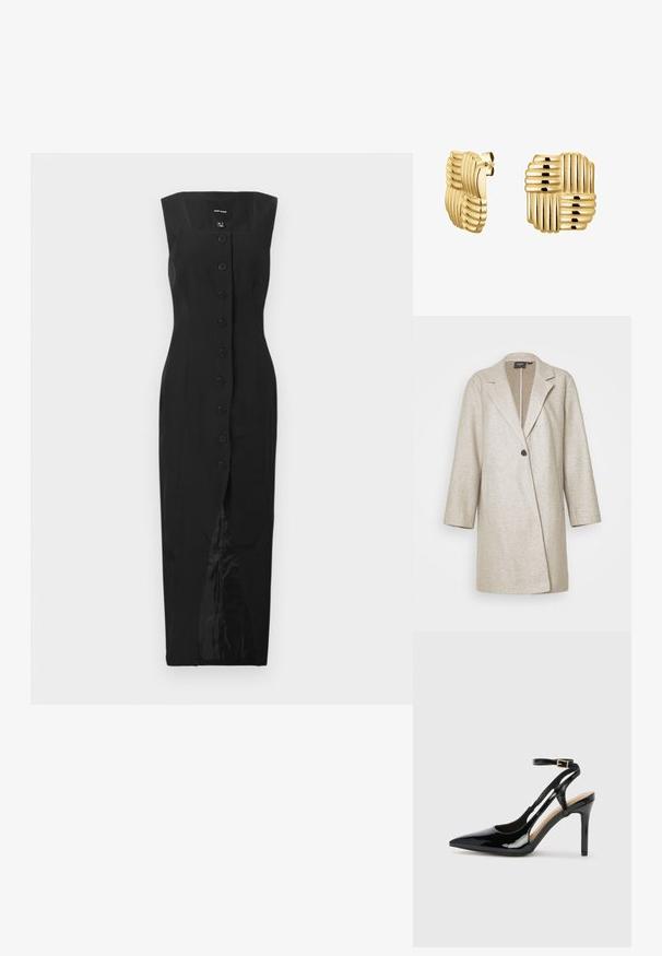 Beige Wollmischungsjacke mit eingeklappten Revers, einer einzelnen Knopfschließe und etwas abfallenden Schultern. Verfügt über eine glatte Textur und seitliche Taschen.; Schwarzes ärmelloses Midikleid mit quadratischem Ausschnitt, vorderer Knopfleiste und mittigem Schlitz, auf einem schlichten weißen Hintergrund präsentiert.; Schwarze Patentleder-High-Heel-Slingback-Pumps mit spitzem Zeh, verstellbarem Knöchelriemen und offenen Seiten. Glatte Textur.; Cremfarbene Leder-Handtasche mit strukturiertem Design, kontrastierenden schwarzen Kanten, goldenen Beschlägen und einem abnehmbaren Tragegurt mit einem charakteristischen Logo.; Goldfarbene Ohrringe in quadratischer Form, mit erhöhten horizontalen und vertikalen Rillen für Textur und Musterdetails. Sichere Klipschließe.