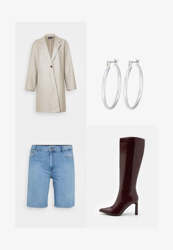Beige uldblandingsfrakke med spidse revers, enkelt knaplukning og sænkede skuldre. Har en glat tekstur og sidelommer.; Lys blå denimskjorte med korte ærmer, der har to forlommer og er pyntet med små sølvnitter overalt.; Lys blå denim shorts med klassisk pasform, der har en frontknaplukning, bæltestropper og to sidelommer. Glat tekstur og lige kant.; Even&Odd Høje støvler/ Støvler - dark red; Sølv hoop øreringe med en glat, poleret overflade. Rund form og sikker klik-lukning. Letvægtsdesign, der er velegnet til hverdagsbrug.