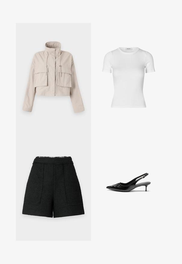 Kort beige jacka i lätt tyg, med ståkrage, justerbar dragsko och två stora lockfickor framtill.; Vit kortärmad t-shirt i ribbat bomullstyg. Fitted design med rundad halsringning och en slät textur. Ingen mönstring eller dekoration.; Svarta shorts i texturerat tyg med fransad nederkant, som har två framtida fickor och en skräddarsydd passform.; Svarta läder slingback klackar med spetsig tå, liten kittenklack och en dekorativ knutdetalj på framsidan. Slät textur hela vägen.