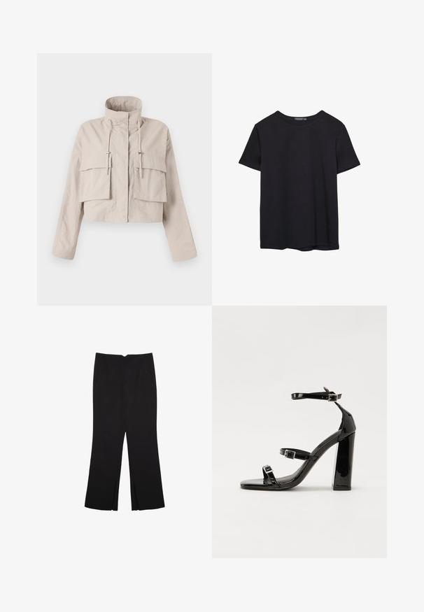 Veste beige raccourcie en tissu léger, dotée d'un col montant, d'un cordon de serrage ajustable et de deux grandes poches à rabat à l'avant.; T-shirt en coton noir à manches courtes, col rond, présenté sur un fond blanc.; Pantalon noir avec une coupe droite, doté de poches avant et d'éclairs sur l'ourlet. Fabriqué en tissu doux et lisse. Convient à diverses occasions.; Sandales à talons vernies noires avec un bout carré, des sangles autour de la cheville et des boucles en argent. Dotées d'un talon bloc épais pour plus de stabilité.