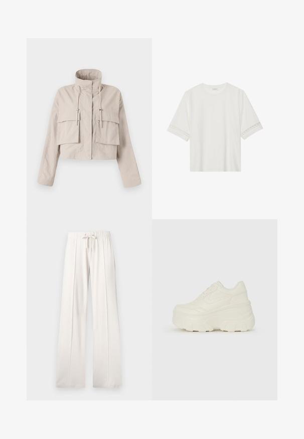 Cropped beige jacket made from lightweight fabric, features a stand collar, adjustable drawstring, and two large flap pockets on the front.; White short-sleeve t-shirt made from cotton, featuring decorative lace trim along the sleeves and a round neckline.; Light beige sweatpants made of soft fabric, featuring a drawstring waist, wide legs, and vertical seams, with a smooth texture.; White platform sneakers featuring a smooth leather-like upper, rounded shape, padded collar, and textured rubber sole with defined treads.