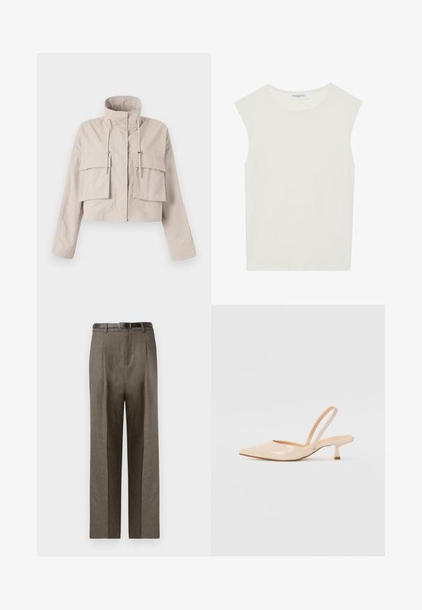 Przycięta beżowa kurtka wykonana z lekkiego materiału, z kołnierzem stojącym, regulowanym sznurkiem oraz dwiema dużymi kieszeniami typu klapa z przodu.; Biała bezrękawnik z okrągłym dekoltem. Wykonana z gładkiego materiału, ma luźny krój i minimalistyczny design. Bez wzorów ani akcentów.; Brązowe spodnie o prostym kroju, z gładką fakturą, z szlufkami na pasek i płaskim przodem.; Beżowe lakierowane czółenka na odkrytej pięcie z zasunięciem, z ostrym noskiem i smukłym, kwadratowym obcasem. Gładka faktura i minimalistyczny design bez zdobień.