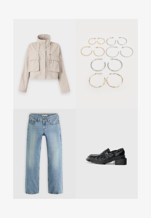 Beige Jacke in Cropped-Form aus leichtem Stoff, mit Stehkragen, verstellbarem Kordelzug und zwei großen Klappentaschen auf der Vorderseite.; Zwei Langarmoberteile. Eines weiß und eines schwarz, beide aus leichtem Baumwollstoff mit einem weit ausgeschnittenen Bootsausschnitt und schmaler Passform.; Hellblaue gerade geschnittene Jeans aus Denim, mit Knopfverschluss, fünf Taschen und subtiler Ausbleichung entlang der Beine.; Schwarze Lederloafer mit einer strukturierten Sohle, die über einen leicht erhöhten Blockabsatz und ein strukturiertes Obermaterial verfügen, das mit einem vorderen Riemen gesichert ist.; Set aus zwölf Ohrhängern in Silber- und Goldtönen. Enthält gedrehte, glatte und strukturierte Designs in verschiedenen Größen und Oberflächen.