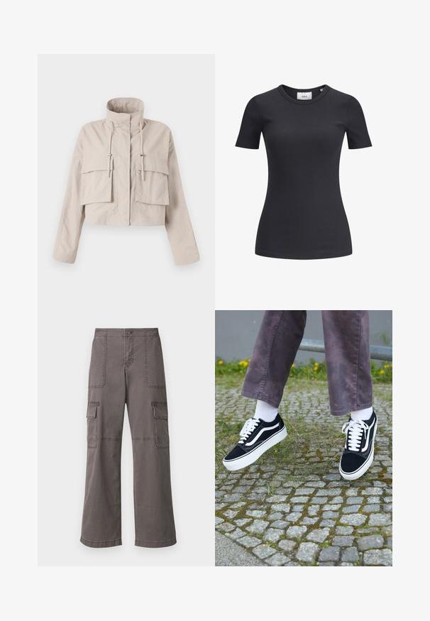 Veste beige raccourcie en tissu léger, dotée d'un col montant, d'un cordon de serrage ajustable et de deux grandes poches à rabat à l'avant.; T-shirt noir à manches courtes côtelé avec un col rond. Fabriqué en tissu doux et extensible, présentant une texture subtile et une silhouette ajustée.; Pantalons cargo gris en coton avec un design à jambes larges, dotés de deux poches avant, de deux poches latérales et de détails de couture visibles.; Baskets en suède noir avec des accents blancs, présentant un bout rond, une semelle blanche épaisse et un design classique à lacets, portées avec des chaussettes blanches et un pantalon violet.