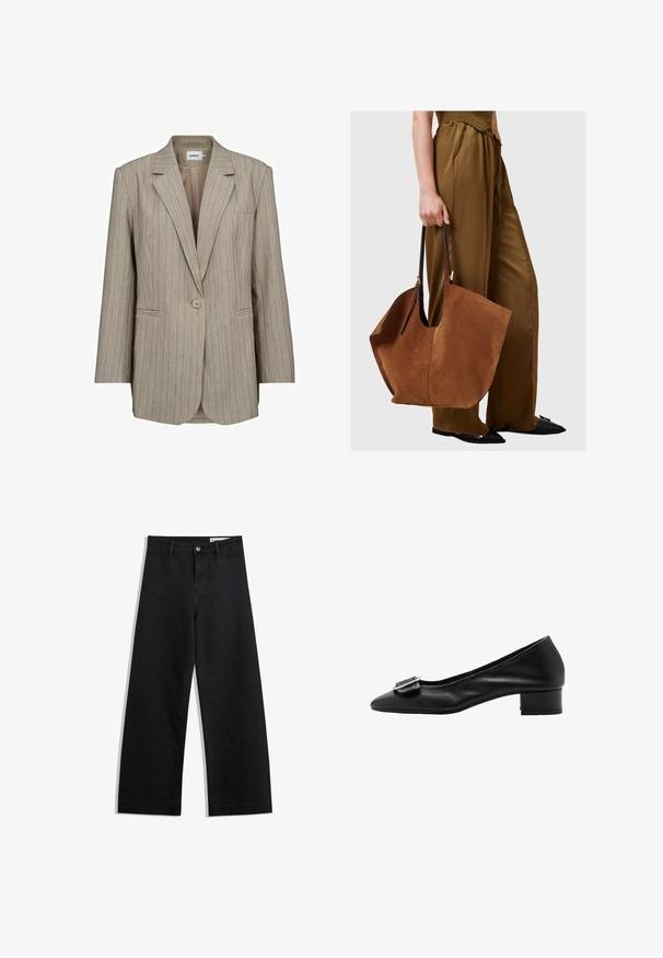 Moves DAIZY - Cappotto corto - humus; DRYKORN LYSILA - Camicia - black; Pantaloni in denim neri a gamba larga con vita alta, dotati di tasche anteriori e posteriori, cuciture a punto, e chiusura con bottone. Texture liscia.; Pumps in pelle nera con punta affusolata, tacco basso a blocco e dettaglio decorativo con fibbia sul davanti. Texture liscia e design semplice.; Borsa tote in suede marrone con manici in pelle nera, caratterizzata da una forma ampia e morbida e un design minimalista, tenuta da una persona in pantaloni marroni.