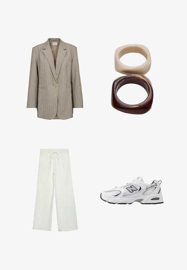 Moves DAIZY - Krátky kabát - humus; Biely bavlnený top bez rukávov s okrúhlym výstrihom a priliehavým strihom. Hladká textúra, jednoduchý dizajn a minimálne švy.; Biele nohavice s širokými nohavicami vyrobené z mäkkej tkaniny. Majú elastický pás s šnúrkou a hladký povrch. Žiadne viditeľné vzory ani kovania.; Biele športové topánky s priedušným vrchným materiálom, námorníckymi akcentmi a polstrovanou podrážkou. Obsahujú logo "N", šnúrky a textúrovaný detail na boku.; Stradivarius SET - Náramok - dark brown