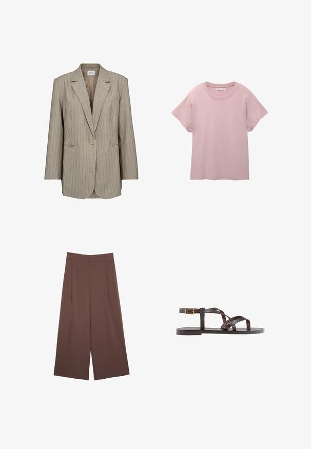 Moves DAIZY - Kratek plašč - humus; Svetlo roza kratkotrajna majica s kratkimi rukavi, izdelana iz gladkega bombaža. Ima okrogel izrez in sproščen kroj s ravno obrobo.; Rjave široke hlače z gladko teksturo, ki imajo visok pas in sprednje naborke. Tkanina je lahka in prosto pada.; Rjav usnjen sandal z načinom prečnega črta, zaklepom okoli gležnja in ravnim podplatom z minimalnimi šivi.