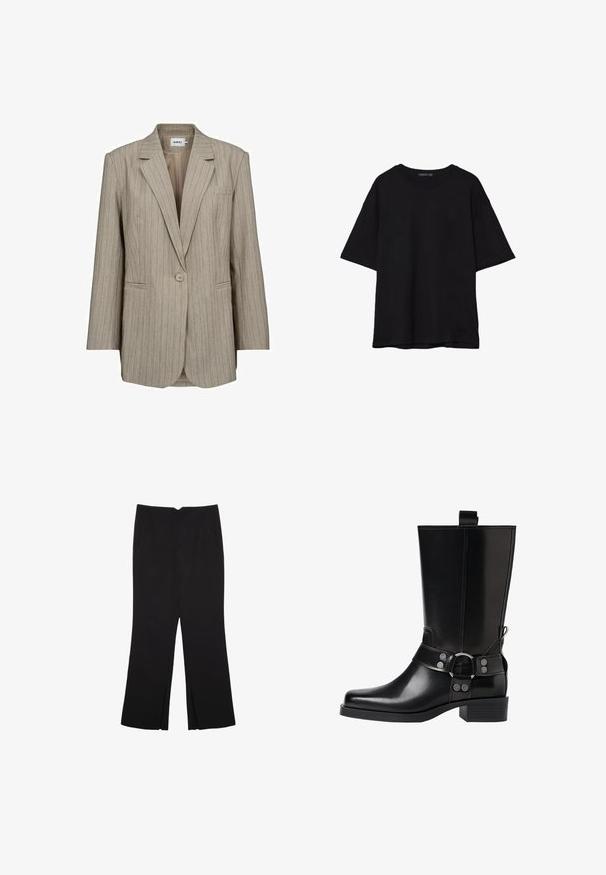 Moves DAIZY - Korte frakker - humus; Sort bomulds T-shirt med en afslappet pasform, korte ærmer, rund halsudskæring og en glat tekstur. Ingen synlige mønstre eller accenter.; Sorte bukser med lige pasform, der har frontlommer og slidser i kanten. Lavet af blødt, glat stof. Velegnet til forskellige anledninger.; Sort læderknæhøj støvle med spids tå, sølv spænde detaljer og en robust hæl. Har en trækflap for nem påtagning.