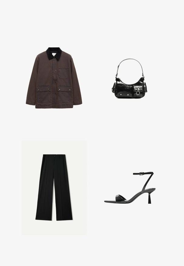 Ruskea kanvaalitakki mustalla vakosamettikauluksella, kahdella etutaskulla ja nepparikiinnityksellä. Takki on rento malli ja siinä on näkyviä ompelutöitä.; Lyhythemmtä, pyöreäkauluksista valkoista t-paitaa, joka on valmistettu pehmeästä puuvillasta. Paidassa on yksinkertainen, selkeä muotoilu ilman näkyviä kuvioita tai korostuksia.; Bershka WIDE - Housut - black; Bershka Korolliset sandaalit - black; Mustekko mustasta kiiltonahasta valmistettu käsilaukku, jossa on kaareva muoto, yksi olkahihna, etutaskut ja hopeanväriset yksityiskohdat.