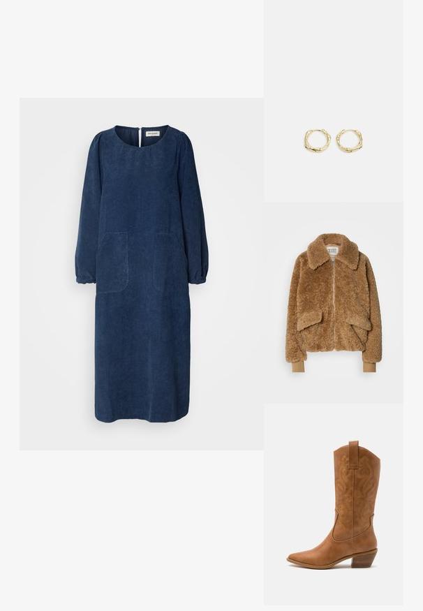 Veste bomber en fausse fourrure marron avec une fermeture éclair, un grand col et deux poches à l'avant. Manchons côtelés dans une teinte plus claire.; Robe en velours côtelé bleu marine avec de longues manches bouffantes, un col rond, deux poches avant et une ouverture en goutte d'eau au dos. Tissu doux et texturé.; Bottes de cow-boy en cuir tan avec un bout pointu, des motifs en spirale brodés sur la tige, et un talon bloc empilé. Équipées d'une languette pour un enfilage facile.; Boucles d'oreilles en or en forme de cerceau avec une texture et une forme irrégulière. Présentent une fermeture sans couture et une finition polie, soulignant un design moderne.