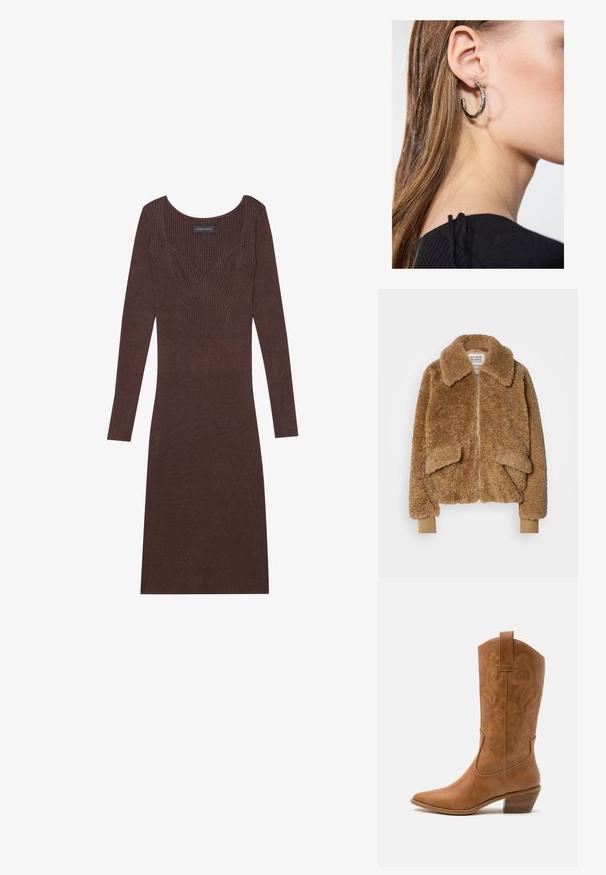 Ruskea tekoturkistakki, jossa on vetoketjusuljenta, suuri kaulus ja kaksi etutaskua. Raitaribba hihansuissa vaaleammassa sävyssä.; Kahvi ribattu pitkähihainen mekko, jossa on pyöreä pääntie ja tiukka siluetti. Mekossa on V-muotoinen ompeluyksityiskohta rinnuksella.; Ruskean nahkainen cowboy-saapas, jossa on terävä kärki, brodeeratut pyörteiset kuviot varressa ja kerroslohko korko. Varustettu nostonipulla helpottamaan pukemista.; Hopea renkaankorvakoru kiiltävällä pinnalla, jossa on pieniä kultaisia yksityiskohtia ja pyöreä muoto, käytetty korvalla.