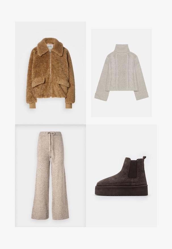 Brun fuskpäls bomberjacka med dragkedja, stor krage och två framfickor. Ribbad mudd i en ljusare nyans.; Beskurad, ljusgrå stickad tröja med hög krage och ribbade manschetter, med strukturerade kablar som går längs bakstycket och sidorna.; Beige vida byxor i texturerat stickat tyg, med en dragsko i midjan och en avslappnad passform.; Bruna mockaskinn Chelsea-stövlar med elastiska sidopaneler och en tjock, texturerad platåsål. Har en dragflik vid hälen för enkel påtagning.