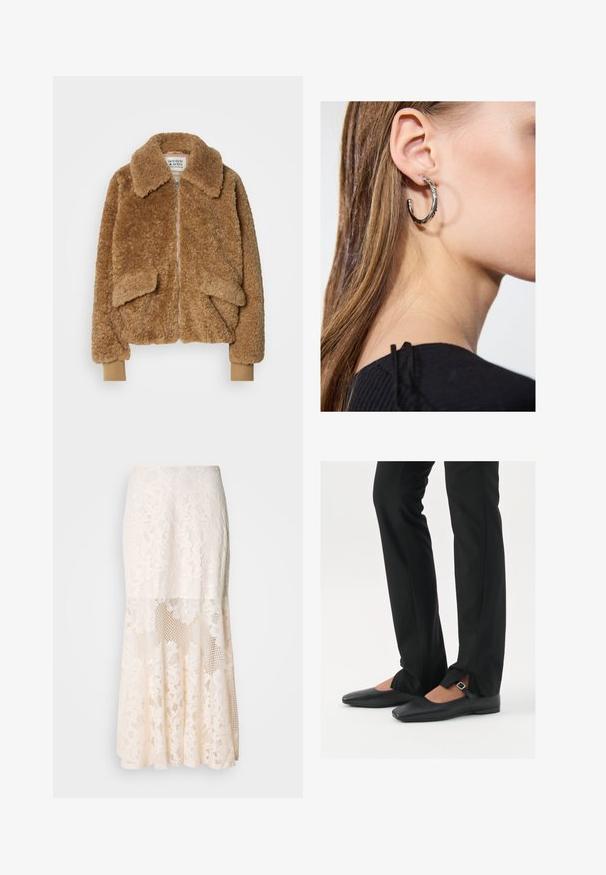 Giacca bomber in finta pelliccia marrone con chiusura a zip, grande colletto e due tasche anteriori. Polsini a coste di tonalità più chiara.; Top nero senza maniche realizzato in un tessuto morbido e elasticizzato. Caratterizzato da un collo rotondo e spalline larghe, con una vestibilità aderente e una superficie liscia.; Gonna midi in pizzo floreale color crema; presenta un design a strati con sezioni trasparenti, pizzo testurizzato e un orlo svasato.; Ballerine in pelle nera con punta appuntita, cinturino con fibbia in argento, abbinate a pantaloni neri su misura con orlo a spacco.; Orecchino a cerchio in argento con finitura lucida, caratterizzato da piccoli dettagli in oro e una forma tondeggiante, indossato sul lobo.