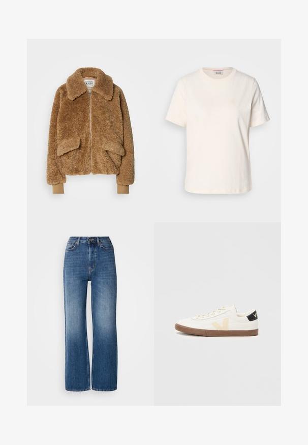 Veste bomber en fausse fourrure marron avec une fermeture éclair, un grand col et deux poches à l'avant. Manchons côtelés dans une teinte plus claire.; T-shirt en coton de couleur crème avec des manches courtes, encolure ras du cou et détail de logo en relief subtil sur le devant. Texture lisse, coupe décontractée.; Jeans en denim bleu à taille haute et jambes larges avec un lavage dégradé, des coutures cuivrées, une fermeture à bouton à l'avant et cinq poches.; Baskets blanches en matériau synthétique lisse, dotées d'un logo V beige, d'une semelle en caoutchouc brun clair et d'accents noirs au talon.