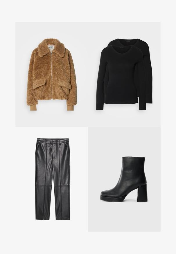 Braune Kunstpelz-Bomberjacke mit einem Reißverschluss, großem Kragen und zwei Fronttaschen. Rippstrickbündchen in einer helleren Nuance.; Zwei schwarze Langarmshirts mit V-Ausschnitt, aus weichem, dehnbarem Stoff, der eine glatte Textur und eine figurbetonte Passform zeigt.; Schwarze Lederhosen mit glatter Textur, gerader Passform, zwei Fronttaschen und sichtbaren Nahtdetails.; Schwarze Leder-Stiefelette mit Blockabsatz und Plattformsohle, seitlich auf einem schlichten weißen Hintergrund betrachtet.