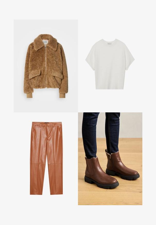 Giacca bomber in finta pelliccia marrone con chiusura a zip, grande colletto e due tasche anteriori. Polsini a coste di tonalità più chiara.; T-shirt bianca a maniche corte con scollo rotondo ampio e texture a coste, realizzata in tessuto morbido, caratterizzata da una vestibilità rilassata e un design pulito.; Pantaloni in finta pelle marroni con una vestibilità sartoriale, caratterizzati da pieghe frontali e gambe dritte. Texture liscia senza hardware o decorazioni visibili.; Stivali alla caviglia in pelle marrone con chiusura a zip, superficie texture, suola spessa in gomma nera e morbido rivestimento in pelliccia all'interno della caviglia.