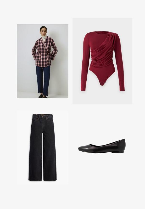 Chaqueta envolvente a cuadros en rojo y azul marino, de una tela suave, con mangas largas y un lazo en la cintura. Combinada con pantalones de mezclilla oscuros y zapatos negros.; Bodysuit de manga larga en rojo oscuro, con tejido drapeado, escote en forma de barco y cierre a presión en la parte inferior, fabricado en material elástico suave.; Jeans de pierna ancha negros hechos de denim, con cinco bolsillos, remaches de cobre y un cierre clásico de botón. Textura suave con un diseño limpio.; Bailarina negra hecha de cuero brillante con puntera redondeada y suela baja y plana. Tiene una textura suave con un diseño simple y elegante.