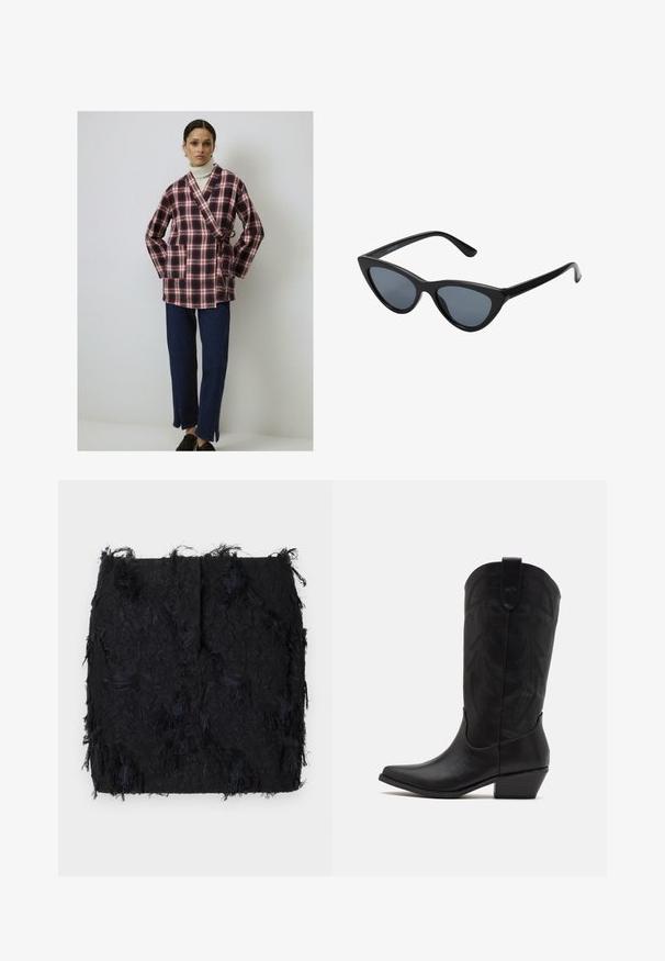 Giacca avvolgente a quadri rossi e blu scuro in un morbido tessuto, con maniche lunghe e cintura in vita. Abbinata a pantaloni in denim scuro e scarpe nere.; Due top senza maniche a coste, uno marrone e uno nero, esposti su uno sfondo bianco semplice.; Gonna nera con texture, caratterizzata da un design a frange sovrapposte e un orlo leggermente irregolare, realizzata in un tessuto leggero.; Stivale da cowboy in pelle nera con punta affusolata, tacco basso impilato e intricato motivo a foglia stampato sul gambale. Anello nella parte superiore per una facile indossabilità.; Occhiali da sole cat-eye neri con lenti grigie scure, montatura in plastica elegante, angoli appuntiti e tempie dritte. Nessuna ferramenta o accenti visibili.; Borse in pelle borgogna con forma curva, dettagli in oro sull'hardware e chiusura con cerniera. Presenta una tracolla staccabile.