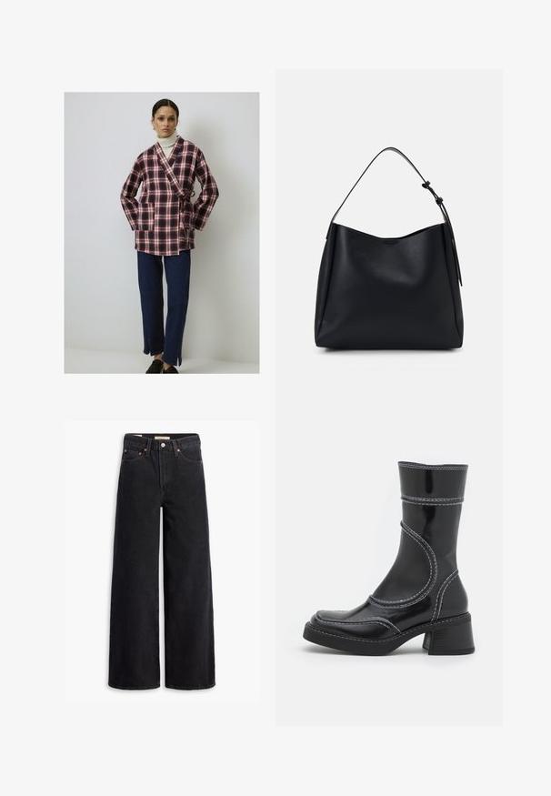 Giacca avvolgente a quadri rossi e blu scuro in un morbido tessuto, con maniche lunghe e cintura in vita. Abbinata a pantaloni in denim scuro e scarpe nere.; Felpa bianca a maniche lunghe con collo rotondo, vestibilità morbida e texture soffice. Nessun motivo visibile o dettagli hardware.; Jeans neri a gamba larga in denim, dotati di cinque tasche, rivetti in rame e chiusura con bottone classico. Texture liscia con un design pulito.; Stivale alla caviglia in pelle verniciata nera con cuciture bianche, punta arrotondata e tacco a blocco. Presenta linee di design curve e una texture liscia.; Borsa hobo in pelle nera con una sola tracolla, texture liscia, parte superiore affusolata e design minimalista senza hardware visibile.