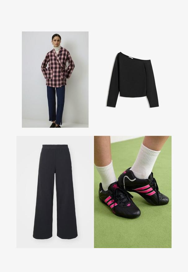 Ruudullinen, punainen ja tummansininen kietaisutakki pehmeässä kankaassa, jossa on pitkät hihat ja vyötä ympärillä. Yhdistetty tummiin farkkuihin ja mustiin kenkiin.; Mustat olkapäiltä paljaat pitkähihaiset paidat, jotka on valmistettu pehmeästä kankaasta. Ominaisuuksiin kuuluu lyhyt malli, jossa on leveä kaula-aukko ja tiukat hihat.; Mustat leveät collegehousut, jotka on valmistettu pehmeästä kankaasta. Niissä on elastinen vyötärö ja pieni logo vasemmalla puolella.; Mustat urheilukengät, joissa on kolme vaaleanpunaista raitaa, pintakuvioitu nahkaosa, mustat nauhat ja logot yksityiskohtana, yhdistetty valkoisiin ribbineuleisiin sukkiin vihreällä pinnalla.