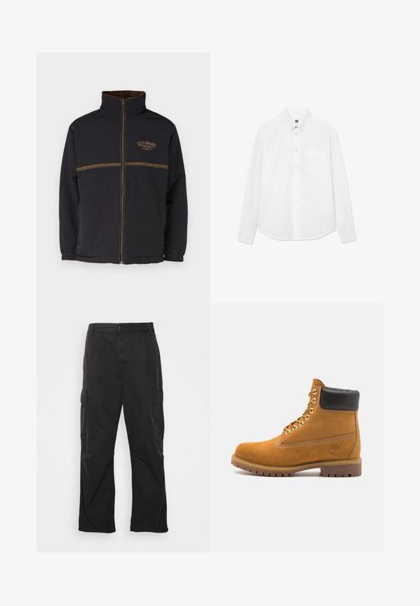 Billabong GNARALOO JACKET - Parkas - stealth; Vit långärmad skjorta med knappar och krage, framficka och subtil textur. Frampartiet har knappar och en liten logodetalj.; Svarta cargobyxor med rak bendesign, som har två sidofickor, ett knäppclosure och en strukturerad tyg.; Tan mockasins ankelstövlar med svart vadderad krage, guldmetallöglor, vit sömdekor och slitstöt gummisula med utmärkta mönster.
